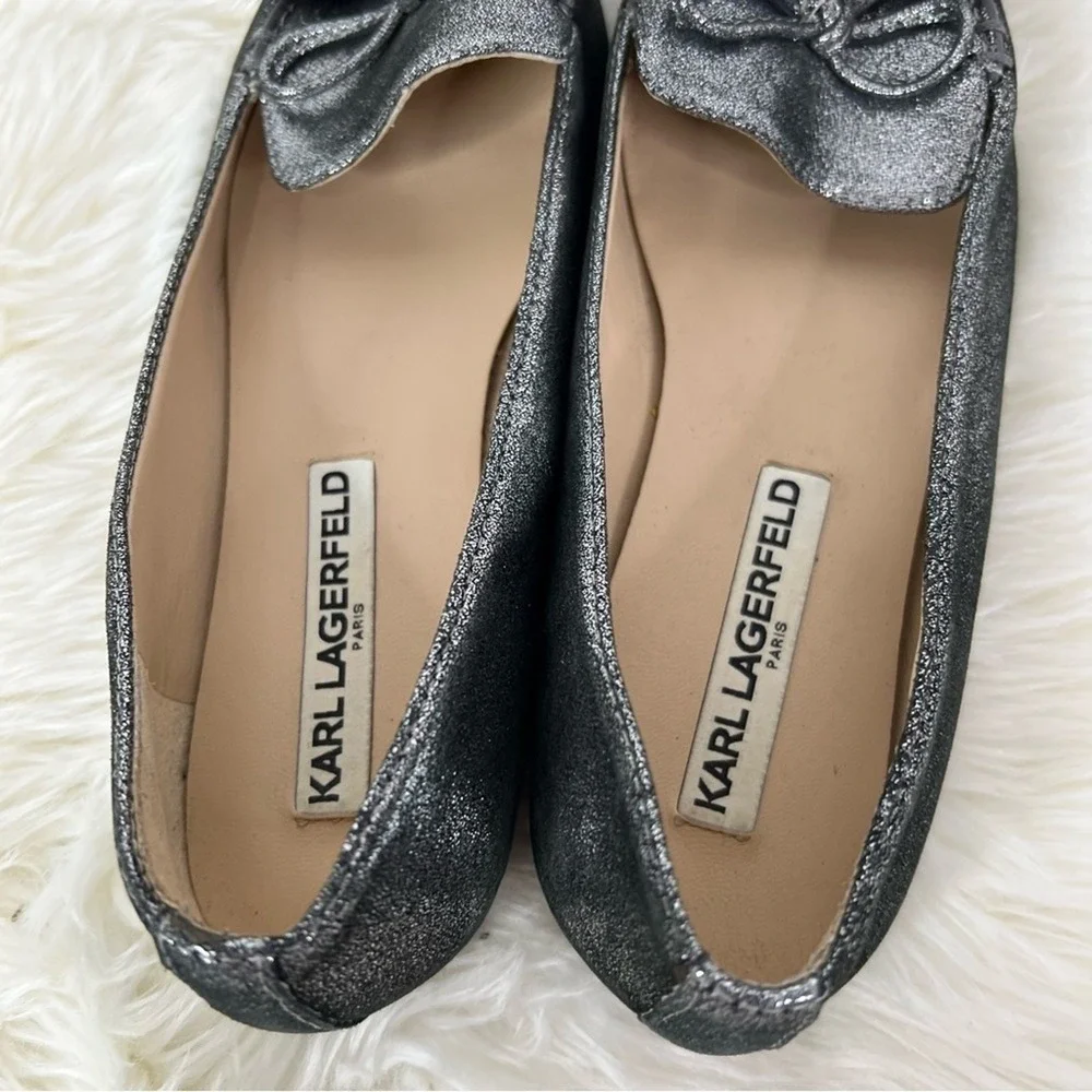Karl Lagerfeld Paris Metallic‎ Silver Mink Fur Pom Pom Pointed Toe Flats 9M